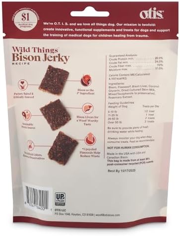 O.T.I.S. Wild Things Bison Recipe Jerky for Dogs – 4 oz – Soft Bison Treats with Flaxseed – Grass-Fed, GMO-Free – No Hormones or Artificial Additives