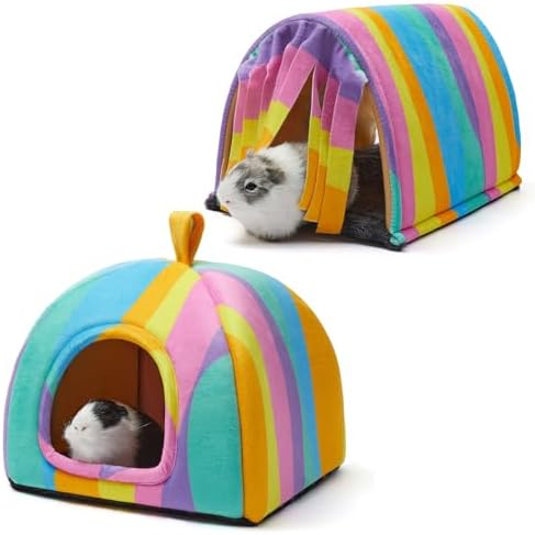 Guinea Pig Hideout Soft Large Bed Tunnel with Door Curtain 2 Pack Guinea Pig Toys Set Bunny Bed Cage Accessories for Small Animals (Rainbow)