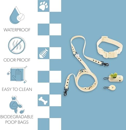 WLK1005L-5SET Luna Medium 8FT Adjustable 6-in-1 Waterproof Hands-Free Leash and Collar with LED Flashlight, Bag Dispenser, and Poop Bag Holder, Bailey