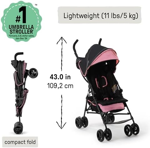 Ingenuity 3D Mini Convenience Stroller – Lightweight Stroller with Compact Fold, Multi-Position Recline, Canopy with Pop Out Sun Visor and More – Umbrella Stroller for Travel, Pink