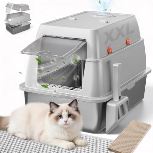 GTPLAYER XXL Stainless Steel Cat Litter Box with Lid, High Sided Enclosed Cat Litter Box, Activated Carbon Odor Control, Extra Large Metal Litter Box, Anti-Leak, with Mat & Scoop, Light Gray