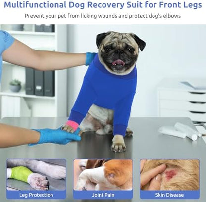 Queenmore Dog Leg Sleeve to Stop Licking, Alternative to Cone of Shame, After Surgery Dog Elbow Protector with Magic Tapes, Recovery Suit for Dogs, Blue, S