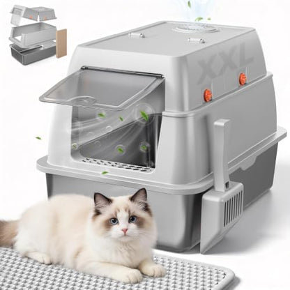 GTPLAYER XXL Stainless Steel Cat Litter Box with Lid, High Sided Enclosed Cat Litter Box, Activated Carbon Odor Control, Extra Large Metal Litter Box, Anti-Leak, with Mat & Scoop, Sliver