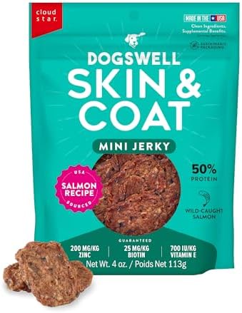 DOGSWELL Skin & Coat Mini Jerky Dog Treats, Salmon, 4 oz. Pouch