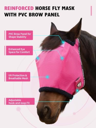 Harrison Howard Reinforced Horse Fly Mask with Mirror PVC Brow Support, Enhanced Eye Space, UV Protection Magenta L