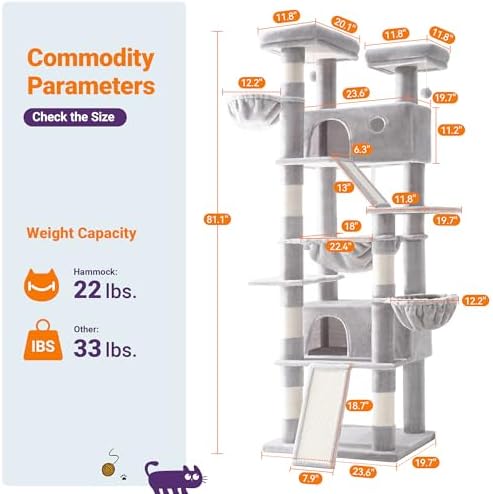 Allewie 81 Inches Tall Cat Tree/Multi-Level Large Climbing Tree House and Towers for Big Feline/Condo and Hammock/Scratching Post/Wide Base/Grey