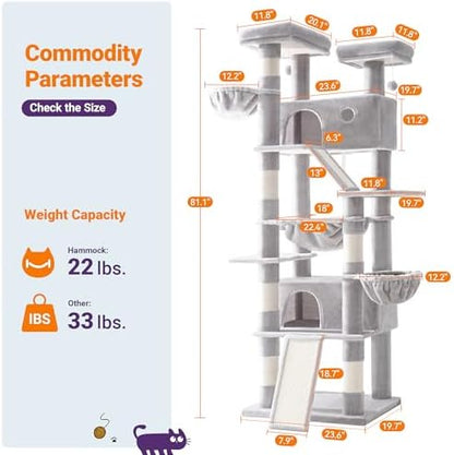 Allewie 81 Inches Tall Cat Tree/Multi-Level Large Climbing Tree House and Towers for Big Feline/Condo and Hammock/Scratching Post/Wide Base/Grey
