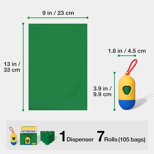 VETRESKA Dog Poop Bag Dispenser with 105 Bags, Leak Proof and Extra Thick