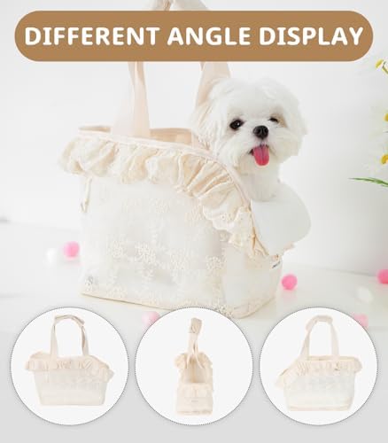 ONECUTE Dog Carrier for Small Dogs Rabbit cat with Lace Design, Cotton Bag, Dog Carrier Soft Sided, Collapsible Travel Puppy Carrier (Beige, 13" L x 6.7" W x 10.6" H)