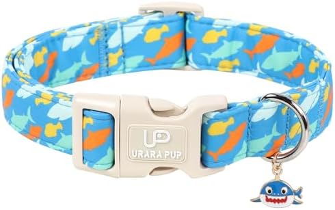 Shark Dog Collar, Summer Cotton Blue Adjustable Pet Collar for Male Dogs, Cute Ocean Pattern Soft Comfortable Durable Buckle with Charm for Boy Dogs