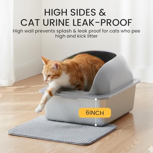 HealSmart Stainless Steel XL Cat Litter Box, Extra Large Cat Litter Box with Lid, High Sided Metal Litter Tray for Big Cats, Anti-Urine Leakage Non-Stick Easy Clean, Light Gray