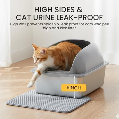 HealSmart Stainless Steel XL Cat Litter Box, Extra Large Cat Litter Box with Lid, High Sided Metal Litter Tray for Big Cats, Anti-Urine Leakage Non-Stick Easy Clean, Light Gray