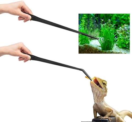 Lasnten 2 Pcs Extra Long Stainless Steel Reptile Feeding Tongs with Rubber Tip 18.5 Inch, 18.9 Inch Bearded Dragon Aquarium Straight and Curved Long Tweezer Terrarium Feeder Tool for Tank(Black)