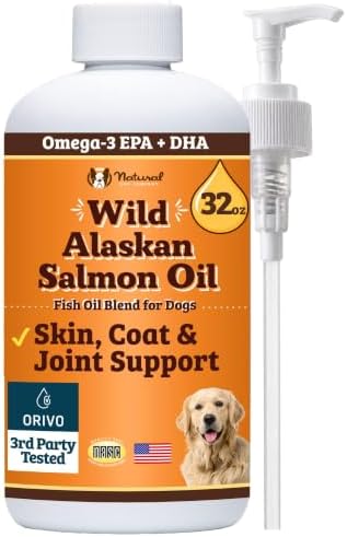 Natural Dog Company Wild Alaskan Salmon Oil for Dogs - EPA & DHA Omega 3 Fish Oil Supplements with Salmon & Pollock Blend for Skin, Coat, Joints, Heart & Immune Support, 32 oz
