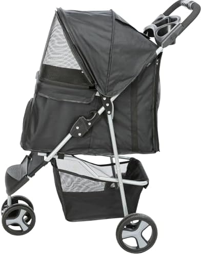 TRIXIE Foldable Pet Stroller for Cats and Dogs, Pet Carrier Strolling Cart with Weather Cover, Storage Basket, Cup Holder, Black