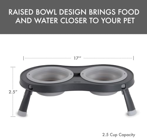 Dexas Pets Elevated Double Pet Feeder, Large, 2.5 Cup Capacity Bowls, Light Gray, Raised Pet Food and Water Bowls