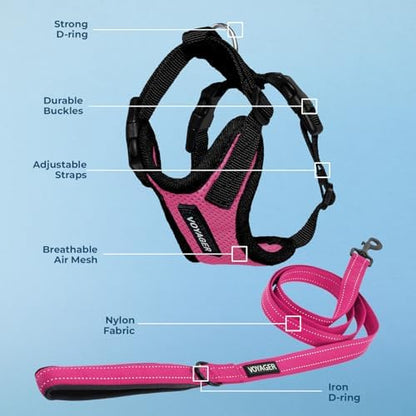 Best Pet Supplies Voyager Step-in Lock Pet Harness w Reflective Pet Leash Combo Set with Neoprene Handle 5ft - Supports Small, Medium and Large Breed Puppies/Cats - Fuchsia/Black Trim Set, L