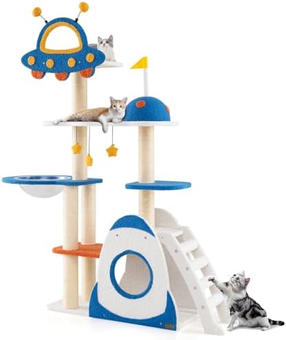 PETSITE 64.5 Inch Space-Themed Cat Tree, Multi-Level Cat Tower with Sisal Scratching Posts, UFO-Shaped Top Perch, Climbing Ladder, Hanging Star-Shaped Jingling Toys, Cute Cat Tree for Indoor Cats
