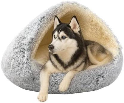 ShinHye Round Plush Fluffy Hooded Cat Bed Cave, Cozy for Indoor Cats or Small Dogs, Waterproof Bottom, Washable（35 in）