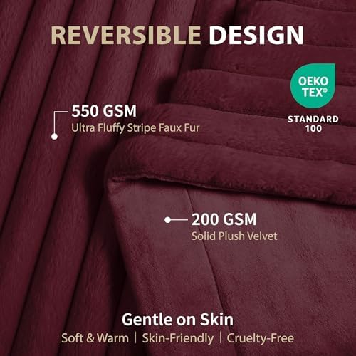 DEZ FURNISHINGS Luxury Reversible Textured Stripe Faux Fur & Velvet Throw Blanket, Throw XL (50" x 70"), Burgundy Red