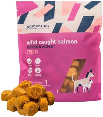 Momentum Carnivore Nutrition Freeze-Dried Wild-Caught Salmon Dog Treats & Cat Treats – Single-Ingredient, High-Protein, Grain-Free, Natural Source of Omega-3s – Made in USA – 3 oz Bag