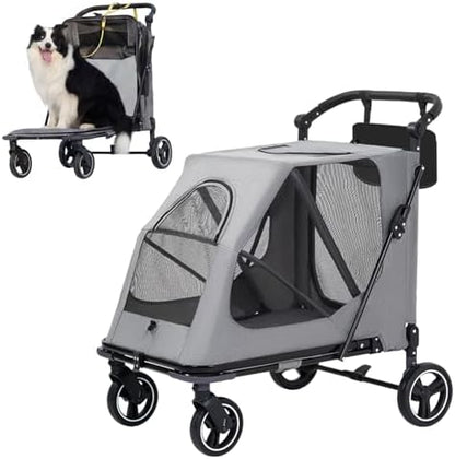 Dog Stroller for Large/Medium Dogs,Pet Stroller Up to 176 lbs,Extra Large Foldable Stroller for 2 Dogs Cats,Full-Open Sunshade Canopy,Adjustable Handle(Gray)