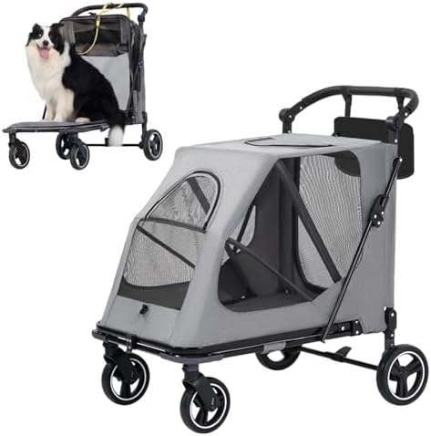 Dog Stroller for Large/Medium Dogs,Pet Stroller Up to 176 lbs,Extra Large Foldable Stroller for 2 Dogs Cats,Full-Open Sunshade Canopy,Adjustable Handle(Gray)