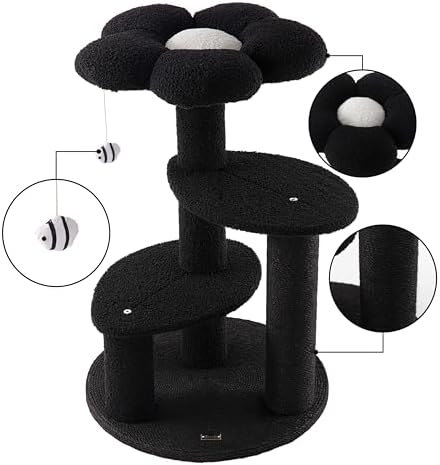 Poppy 29" 3-Tier Modern Flower Cat Tree Tower with Jute Scratching Posts, Weighted Base, Plush Platforms and Dangling Toy, Whimsical Activity Center, Grey/White CTR1007C