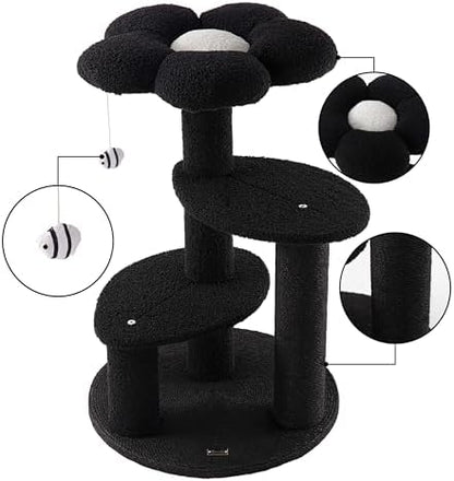 Poppy 29" 3-Tier Modern Flower Cat Tree Tower with Jute Scratching Posts, Weighted Base, Plush Platforms and Dangling Toy, Whimsical Activity Center, Grey/White CTR1007C
