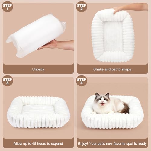 Square Cat Bed Orthopedic Pet Bed with Pillow Super Soft Rabbit Fur Small Dog Beds, Calming Plush Kitten Bed with Removable Washable Cover & Anti-Slip Bottom cat beds for Indoor Cats self Warming