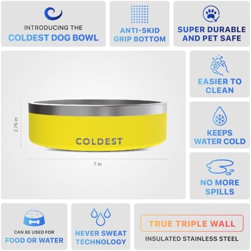 Coldest Dog Bowl - Anti Rust Metal, Non Slip, 3 Layers Insulated Stainless Steel Dog Bowls - Spill Proof & Heavy Duty - Water Bowl for Dogs, Cats & Pets, Dish Washer Safe (42 oz, Solar Yellow)