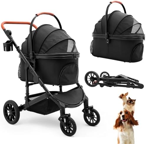 Bicystar Dog Stroller with Detachable Carrier, Rubber Wheels, 50 lbs, Black