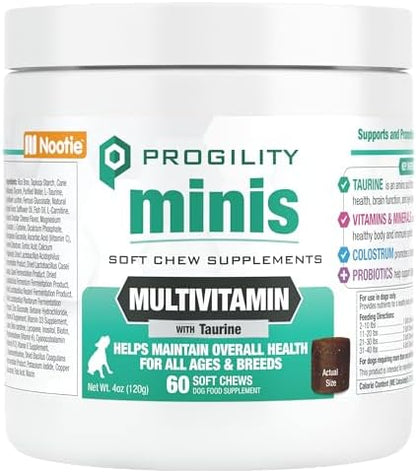 Progility Mini Daily Multivitamin for Small Dogs – Helps Support Immune, Heart, Eye, Brain & Gut Health with Taurine, Soft Chews with Probiotics (60 Count)