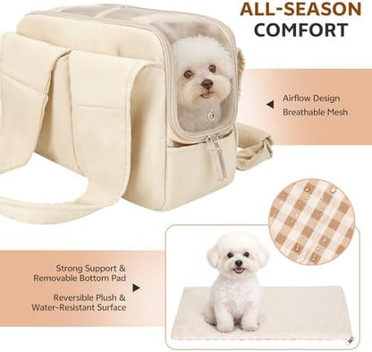 Dog Purse Carrier for Small Dogs and Cats, Soft-Sided Pet Tote Bag with 6 Large Pockets, Collapsible Travel Puppy Carrier, Fits Pets up to 13 lbs (Beige, 15.7" L x 8" W x 11.8" H)