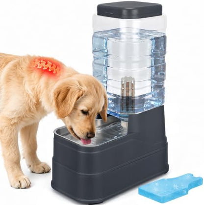 2.2 Gallon Pet Automatic Dog Water Dispenser Cat Gravity Waterer Feeder with Stainless Steel Bowl 8L Large Capacity Puppy Feeding Raised Bowls with Filter,Ice Pack (Charcoal Gray, 8L(2.2 Gallon))