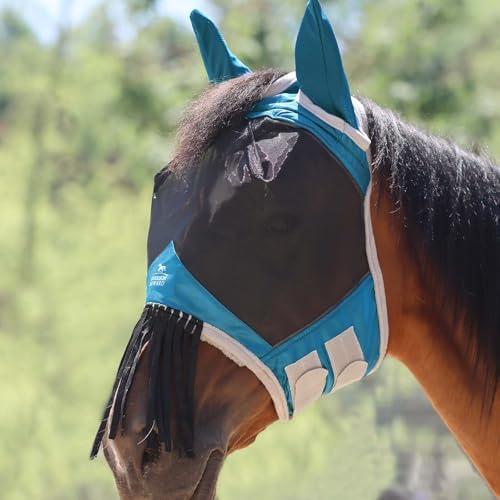 Harrison Howard CareMaster Horse Fly Mask with Ears and Nose Fringe Fly Protector Defender Mask Sky Blue M Cob