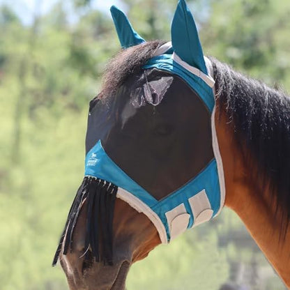 Harrison Howard CareMaster Horse Fly Mask with Ears and Nose Fringe Fly Protector Defender Mask Sky Blue M Cob