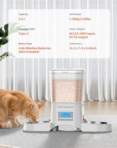HoneyGuaridan Automatic Cat Feeder for 2 Cats,Automatic Cat Food Dispenser,Timed Pet Feeder for Cats and Dogs,Desiccant Bag, Programmable Portion Control,10s Voice Recorder