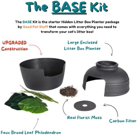 Good Pet Stuff Original Hidden Litter Box Planter, Decorative Cat Litter Enclosure, Carbon Filter, Faux Plant, Round Design, Easy to Clean, Base Kit, Broad Leaf Philodendron, Charcoal Black