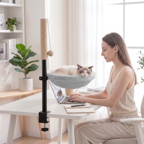 Cat Desk Bed with Scratching Post Clamp On 360 Rotating Gray