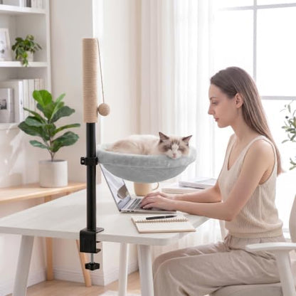 Cat Desk Bed with Scratching Post Clamp On 360 Rotating Gray