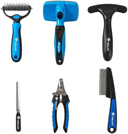 6 in 1 Pet Grooming Kit for Dogs & Cats - Deshedding Brush, Undercoat Rake, Slicker Brush, Nail Clipper, Nail File & Flea Comb for All Coat Types
