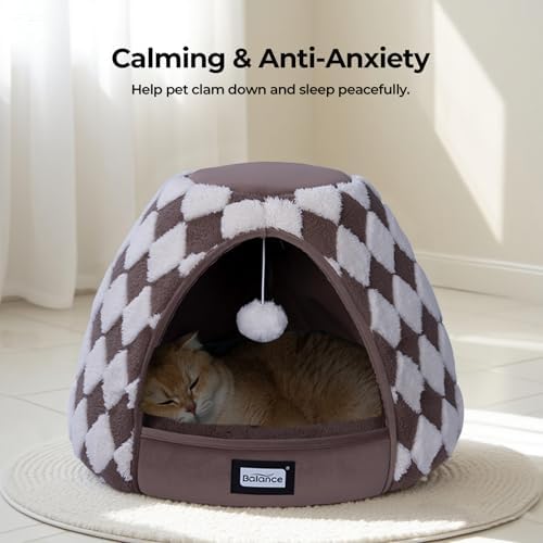 BALANCE Cat Beds for Indoor Cats, 2-in-1 Cat Bed Cave with Anti-Slip Bottom and Ultra-Soft Plush, Cozy Cats House Tent for Kittens and Small Dogs, 21 Inches, Dark Brown