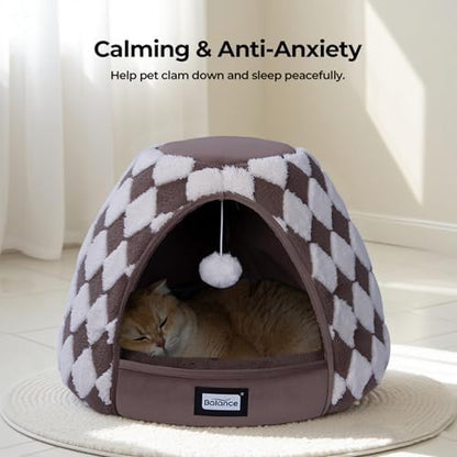 BALANCE Cat Beds for Indoor Cats, 2-in-1 Cat Bed Cave with Anti-Slip Bottom and Ultra-Soft Plush, Cozy Cats House Tent for Kittens and Small Dogs, 19 Inches, Dark Brown