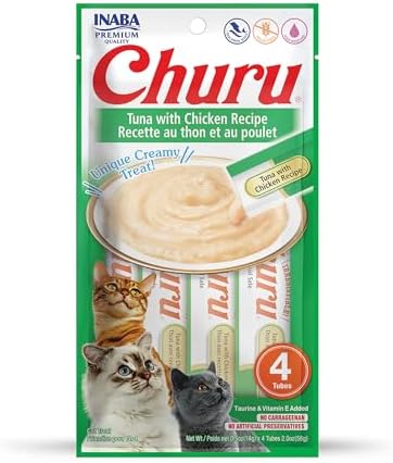 INABA Churu Lickable Purée Natural Cat Treats (Tuna with Chicken Recipe, 4 Tubes)