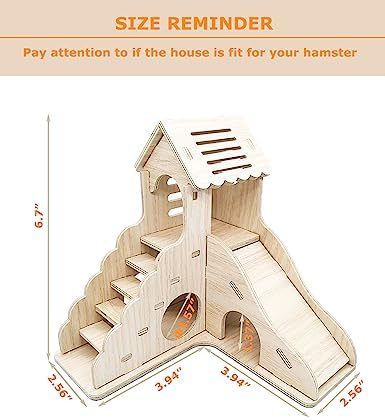 Hamster Hideout Cage Accessories - Hamster House and Habitat Wooden Hide Hut with Climbing Ladder and Slide for Dwarf Gerbils and Mouse Mice Rat Other Small Animals etc.
