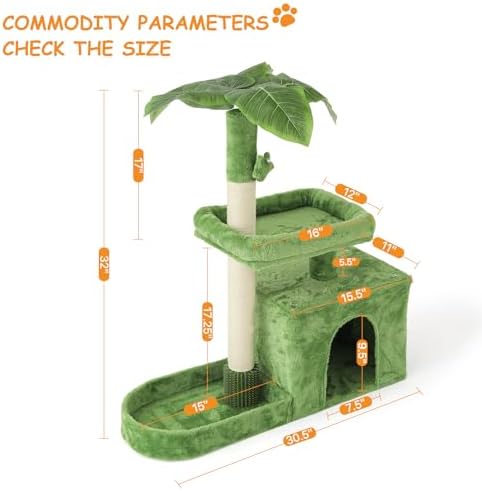 Athena Collection Small Cat Tree Tower with Scratching Post, 32 Inch Modern Cute Cat Tree Condo with Cozy Perch Haing Ball Green Leaves for Kittens Indoor Playing, Green