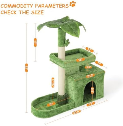Athena Collection Small Cat Tree Tower with Scratching Post, 32 Inch Modern Cute Cat Tree Condo with Cozy Perch Haing Ball Green Leaves for Kittens Indoor Playing, Green