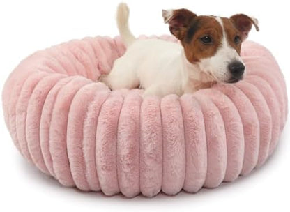 Donut Small Dog Bed Washable Cute Puppy Beds with Corduroy Fleece & Anti Slip Bottom, Round Faux Fur Pet Snuggle Beds for Large Cat, Pink, Small Breed 23x23x5.5 inches