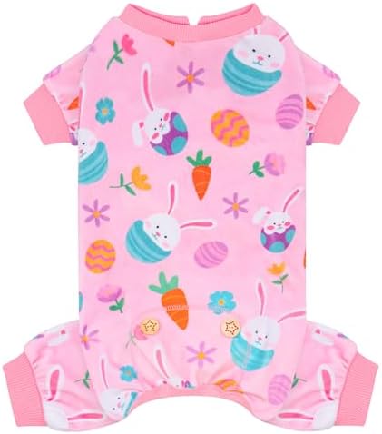 KYEESE Easter Dog Pajamas, Soft Dog Pajamas for Small Dogs Girl, Stretchy Dogs Pjs Velvet Pet Jumpsuit with Eggs & Bunny Pattern, Comfy Lightweight Pet Outfit, Pink, L